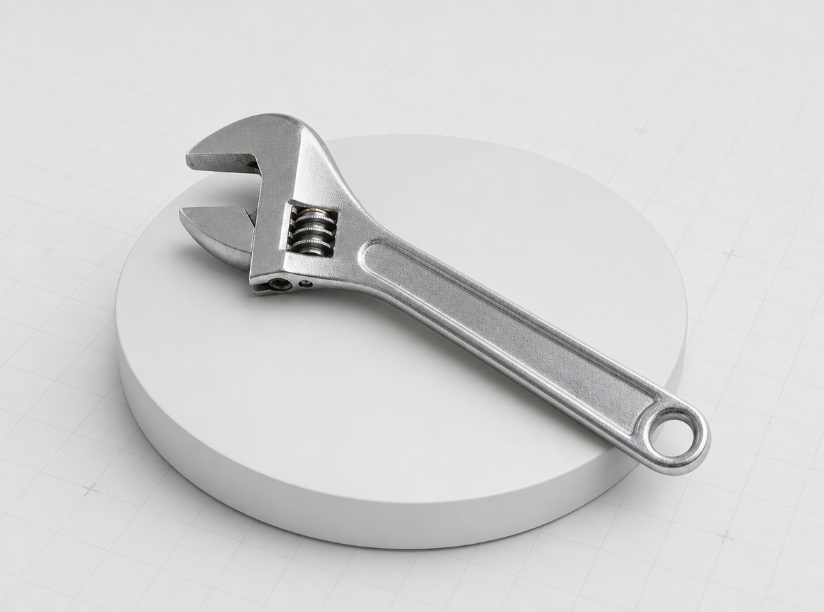 A metal wrench photo reconstructed into a textured 3D model on a pedestal