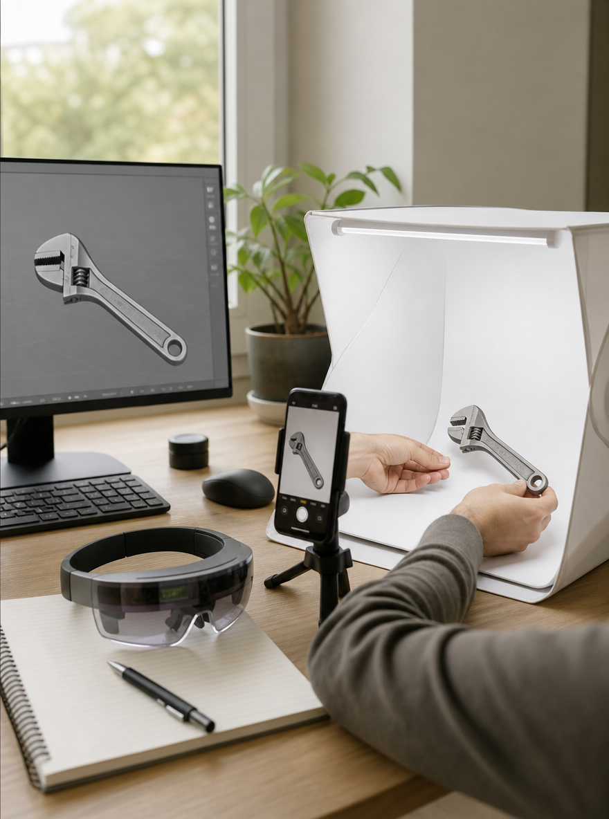 A product photography lightbox setup with a monitor showing the reconstructed 3D render of the same object