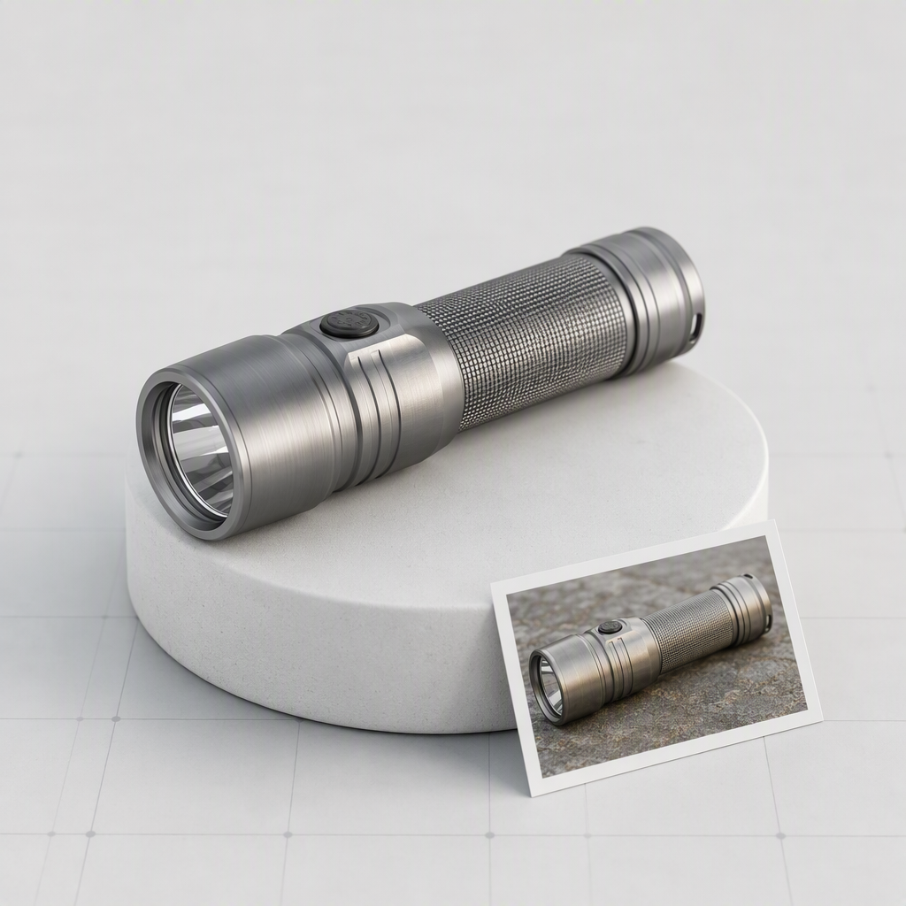 A brushed-metal flashlight 3D model with PBR textures reconstructed from a reference photo, ready to export as GLB