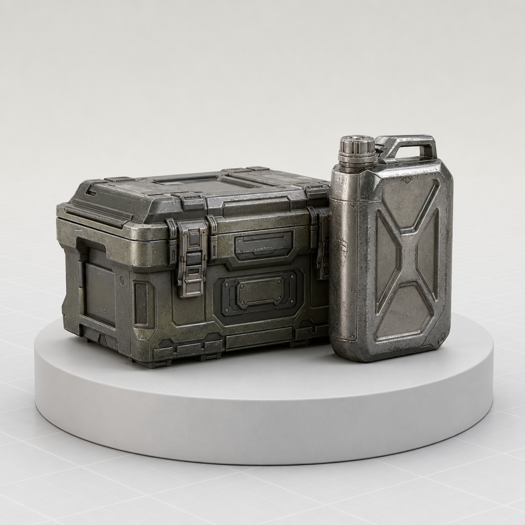 A brushed-metal ammo crate and fuel canister rendered with PBR materials, ready to export as GLB into a game engine