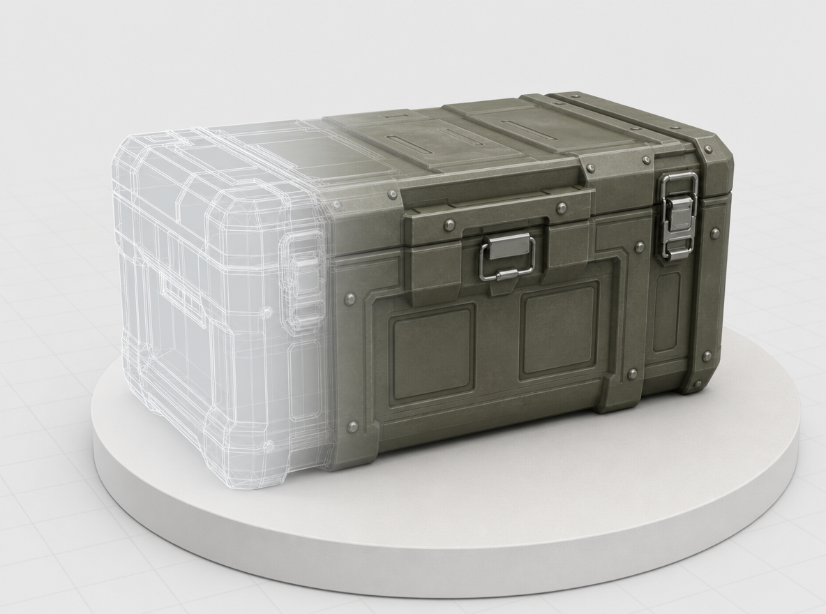 A sci-fi ammo crate 3D model emerging from wireframe into a fully textured render on a pedestal