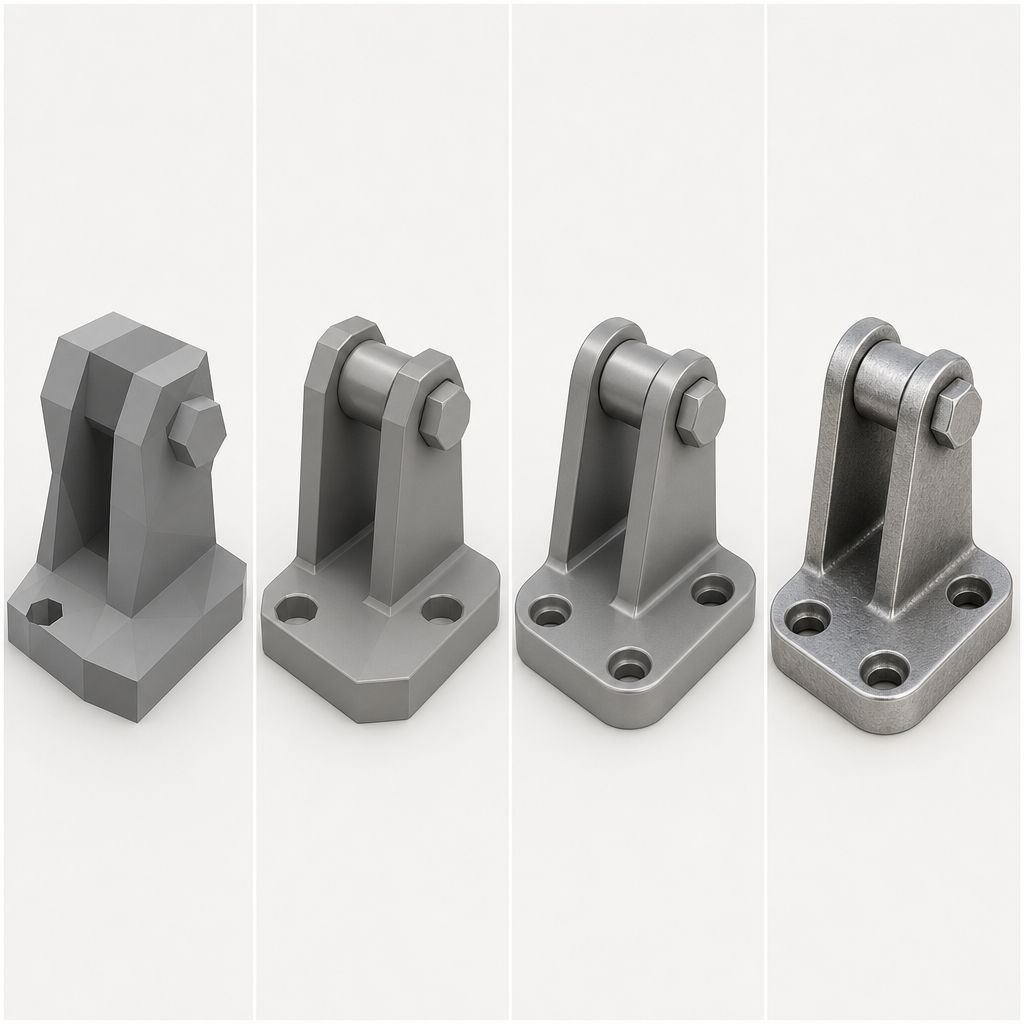 The same mechanical part shown at four mesh density levels, from lightweight Draft to production Ultra