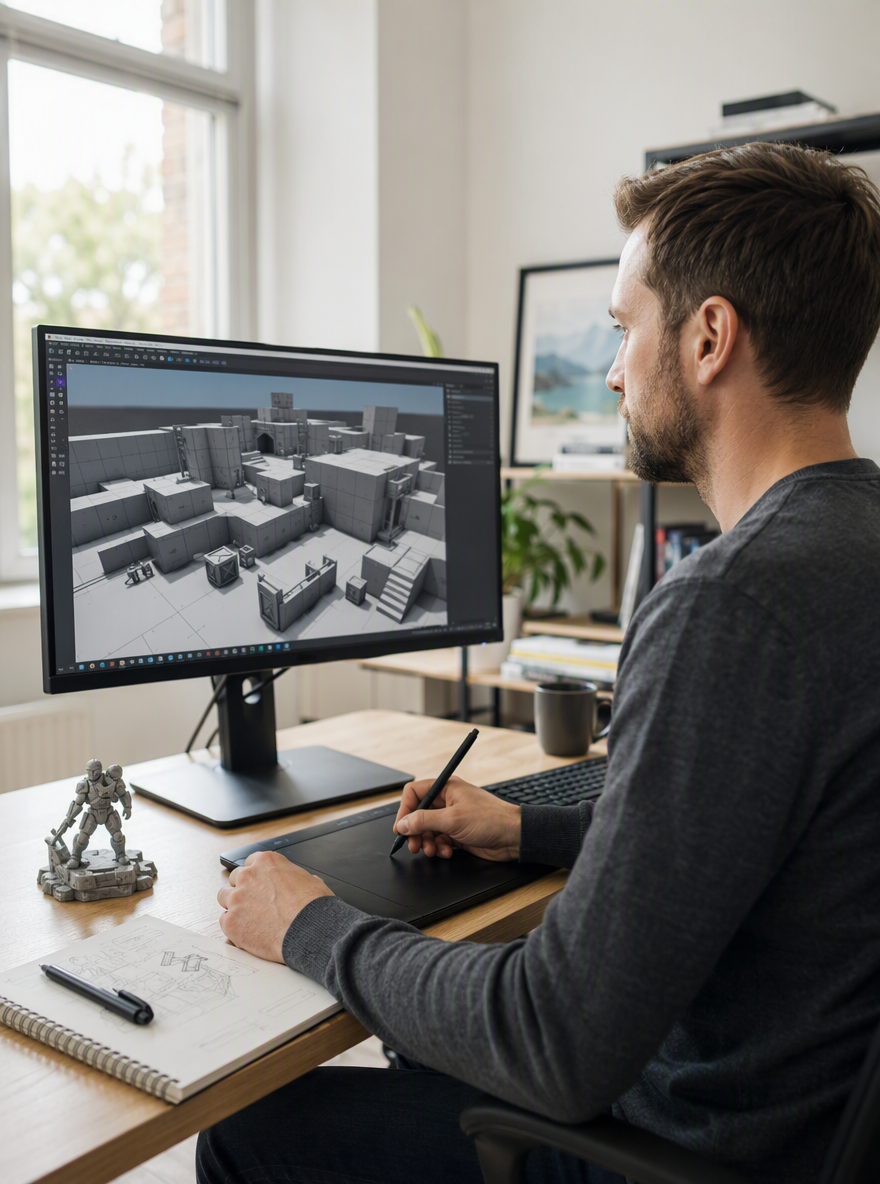 A level designer at a studio desk viewing a rendered 3D prop on screen next to a printed reference sheet