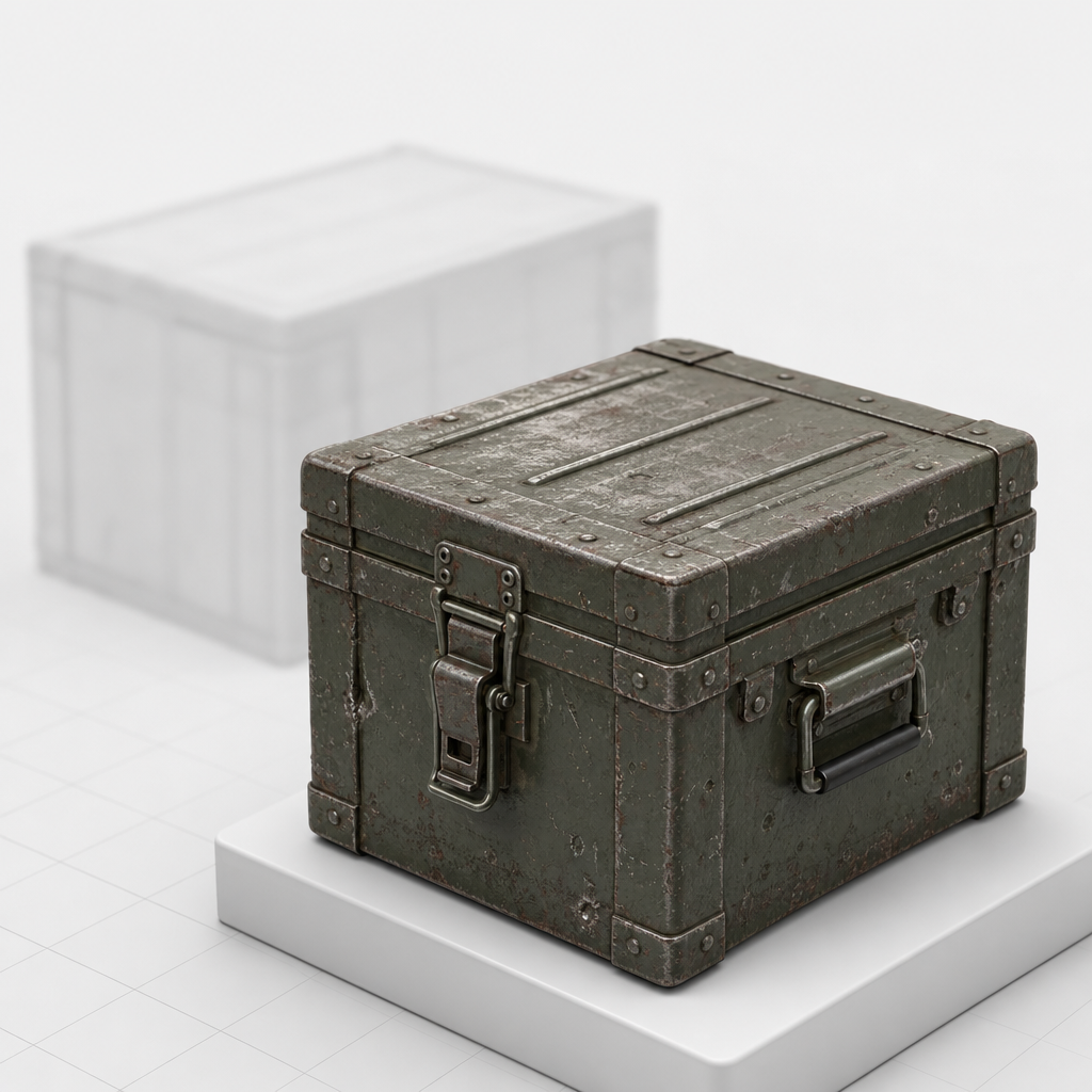 A detailed, sharply rendered ammo crate 3D model in the foreground with a vague blurred box silhouette fading behind it